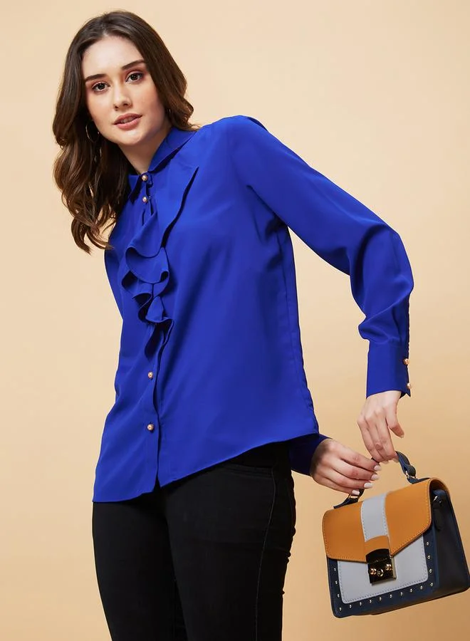 globus Royal Blue Ruffle Front Long Sleeve Shirt