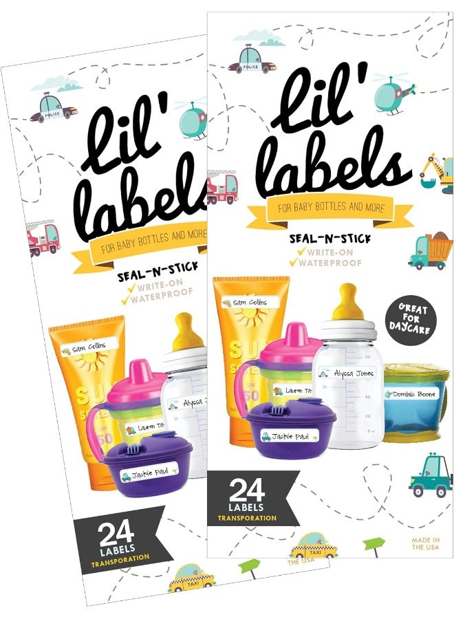Lil' Labels Bottle, Write-On, Self-Laminating, Waterproof Kids Name for Baby Bottles, Sippy Cup for Daycare School, Dishwasher Safe, Boy or Girl (Transportation, Set of 2) - Image 1