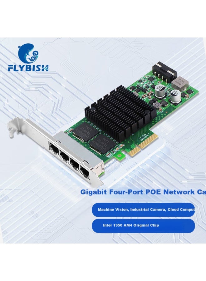 Flybish Na350-t4poe Pci-e X4 Gigabit Four-port Poe Powered Server Network Card, Four-port Intel I350 Chip, Industrial Camera, Image Acquisition Machine, Machine Visio