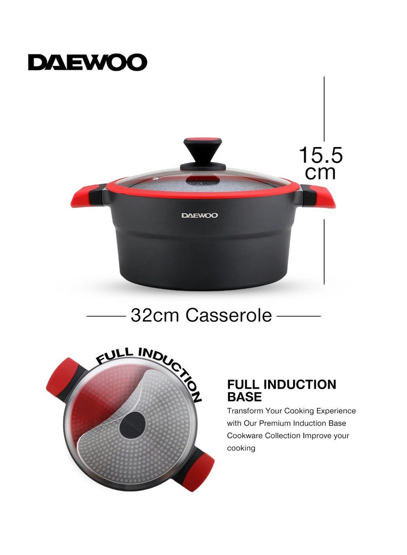 DAEWOO وعاء دايو 32 سم من الألمنيوم المصبوب، بطبقة غير لاصقة من الجرانيت، قاعدة كاملة للتحريض، مقHandles باردة، أدوات سيليكون وحماة أواني، أحمر، خالي من المواد الكيميائية - Image 4