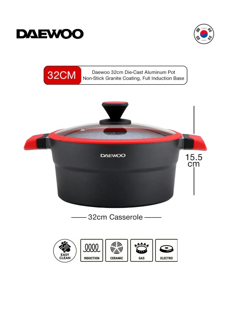 DAEWOO وعاء دايو 32 سم من الألمنيوم المصبوب، بطبقة غير لاصقة من الجرانيت، قاعدة كاملة للتحريض، مقHandles باردة، أدوات سيليكون وحماة أواني، أحمر، خالي من المواد الكيميائية - Image 3