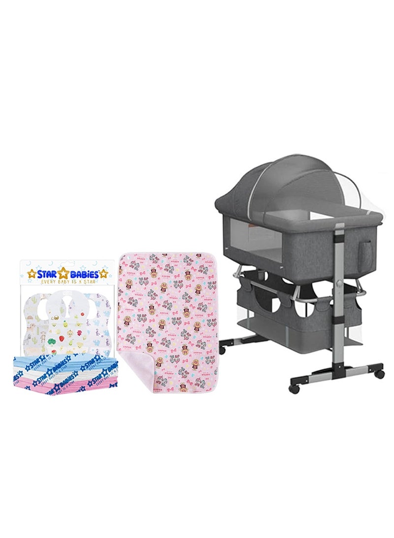Star Babies Buy 1 Get 3 Free (Baby Bed with Mosquito 3 in 1 with Free 10pcs changing mat, 10pcs Bibs10, Reusable changing mat) - Grey - Image 1
