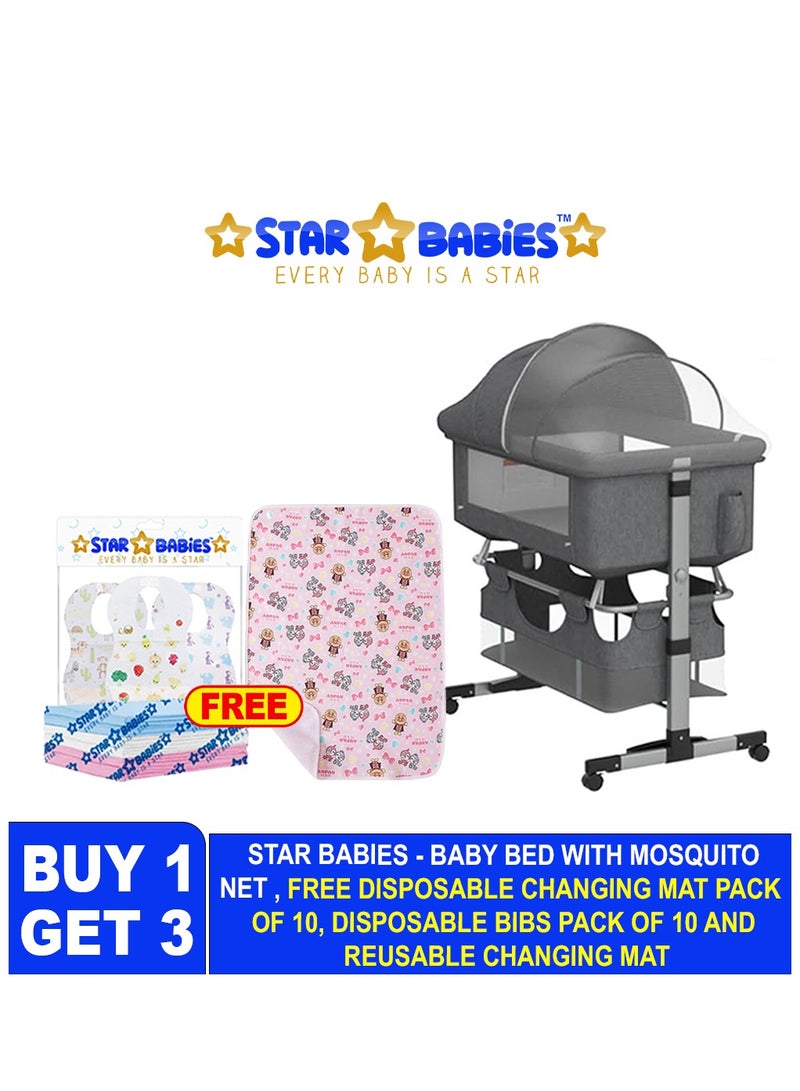 Star Babies Buy 1 Get 3 Free (Baby Bed with Mosquito 3 in 1 with Free 10pcs changing mat, 10pcs Bibs10, Reusable changing mat) - Grey - Image 2