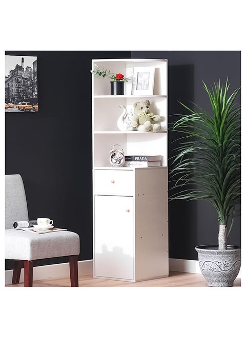 Adelin Bookcase 3Tier Book Shelf Cabinet with Drawer Modern Design Adjustable Wooden Book Organiser Cupboard Space Saving Display Storage Rack for Home Office - White