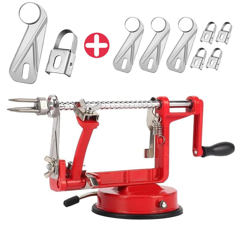 Apple Peeler Slicer Corer Potato Peelers 3 In 1 Stainless Steel Heavy Duty Suction Cup Base And 7 Extra Blades Red