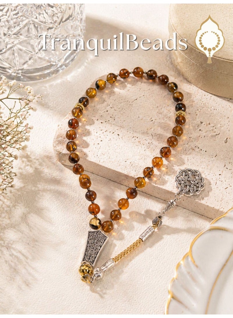 TranquilBeads Natural Amber Worry Beads 33 Beads 6mm for Men, Handmade Prayer Beads Bracelet, Stress Relief Fidget Beads, Tasbih Misbaha Rosary Style Necklace, Birthday Eid Ramadan Father’s Day Gift for Him - Image 1