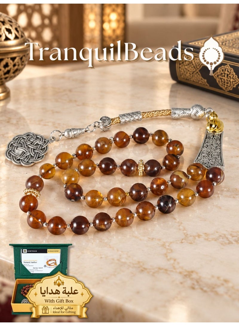 TranquilBeads Natural Burmese Amber Worry Beads with Certificate, 33 Beads, 6 mm, Handmade Tasbih Misbaha Bracelet for Men, Stress Relief Fidget Beads, Ramadan, Eid, Birthday and Father’s Day Gift - Image 1