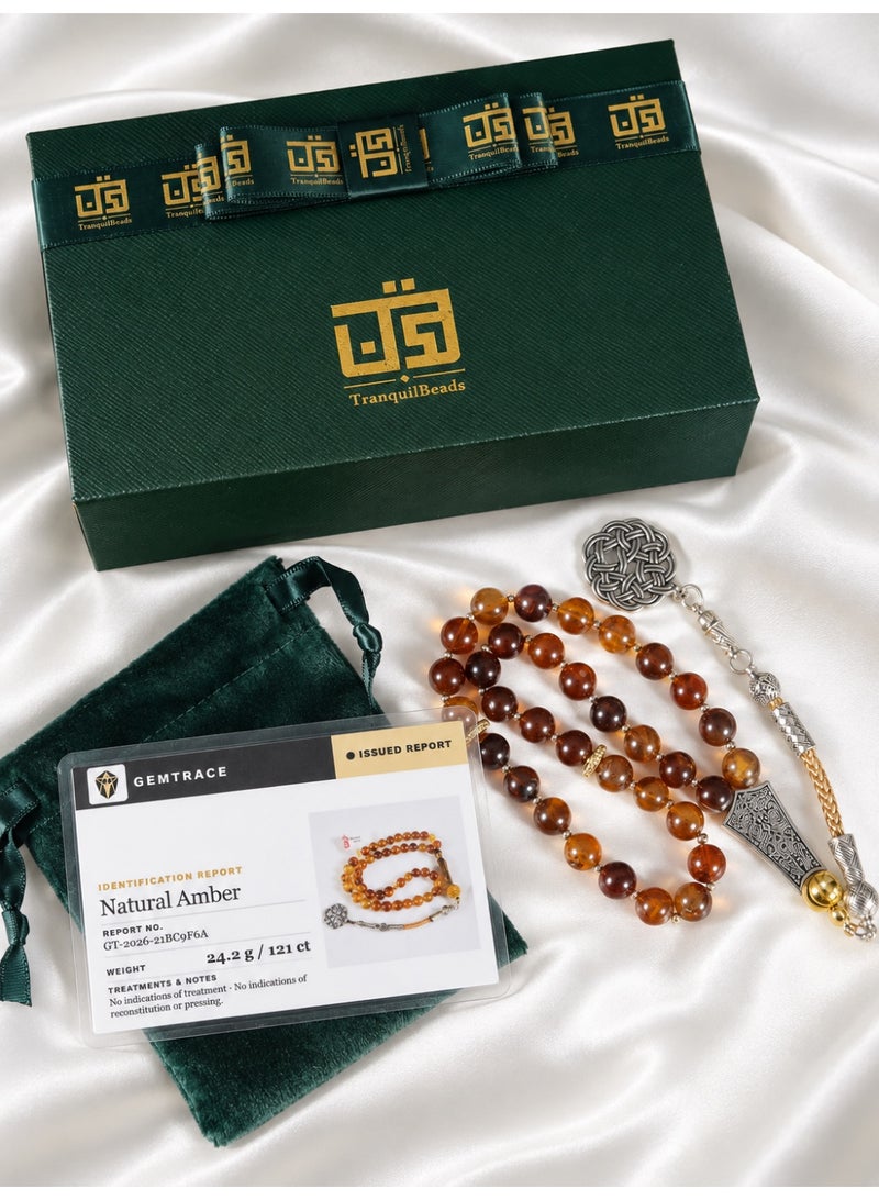 TranquilBeads Natural Burmese Amber Worry Beads with Certificate, 33 Beads, 6 mm, Handmade Tasbih Misbaha Bracelet for Men, Stress Relief Fidget Beads, Ramadan, Eid, Birthday and Father’s Day Gift - Image 3