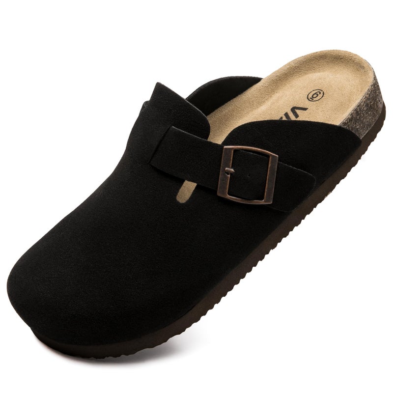 Vayfio Womenâ€˜s Suede Clogs Potato Shoes Cork Footbed Sandals Comfort Mules with Arch Support Slip On Slippers Black 10 - Image 1