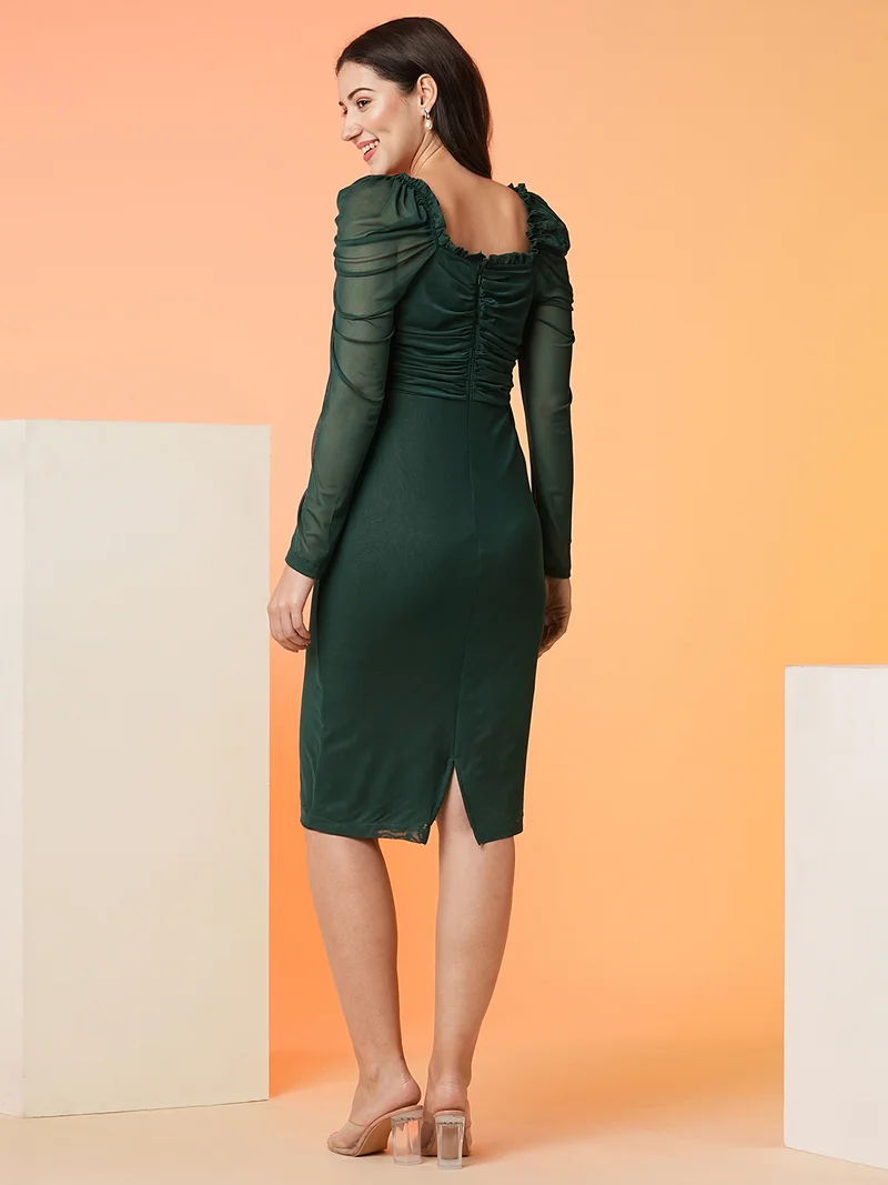 جلو باص Women Green Square Neck Puff Sleeves Gathered Sheath Dress