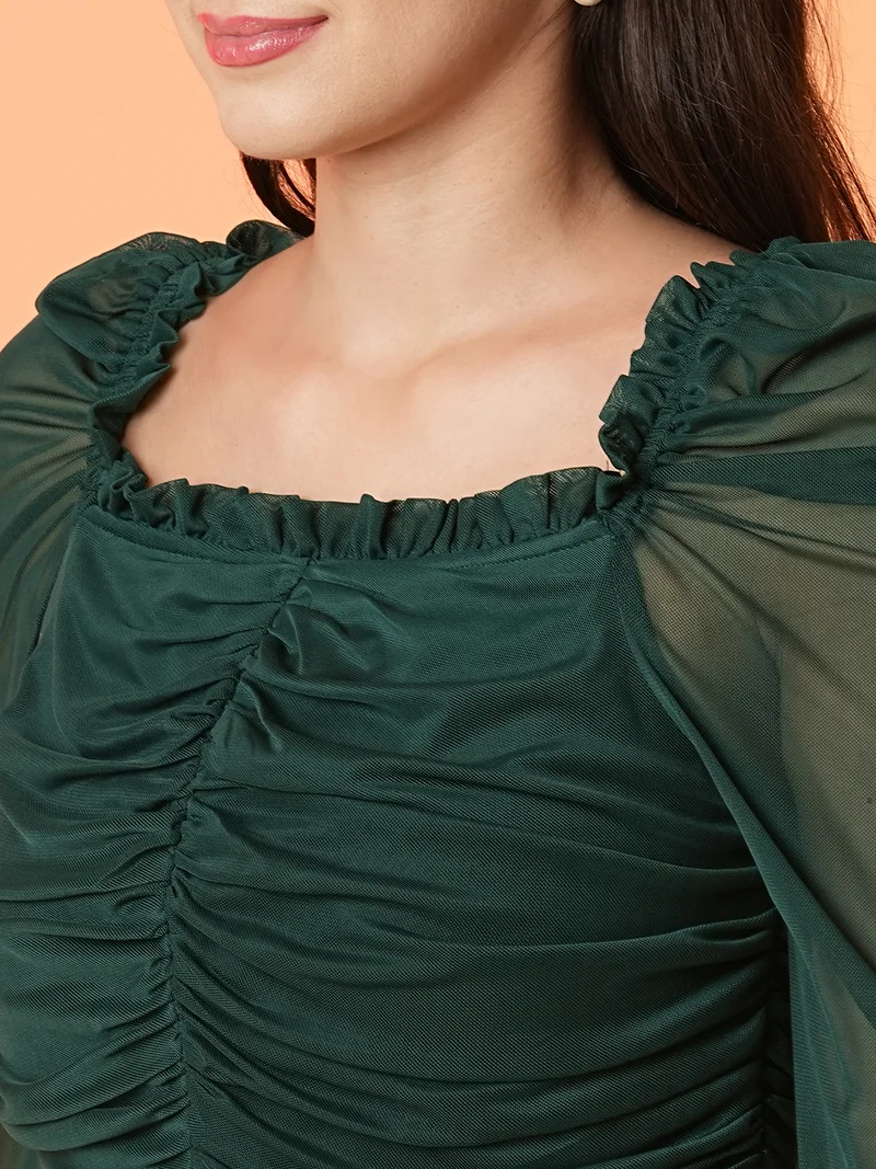 جلو باص Women Green Square Neck Puff Sleeves Gathered Sheath Dress