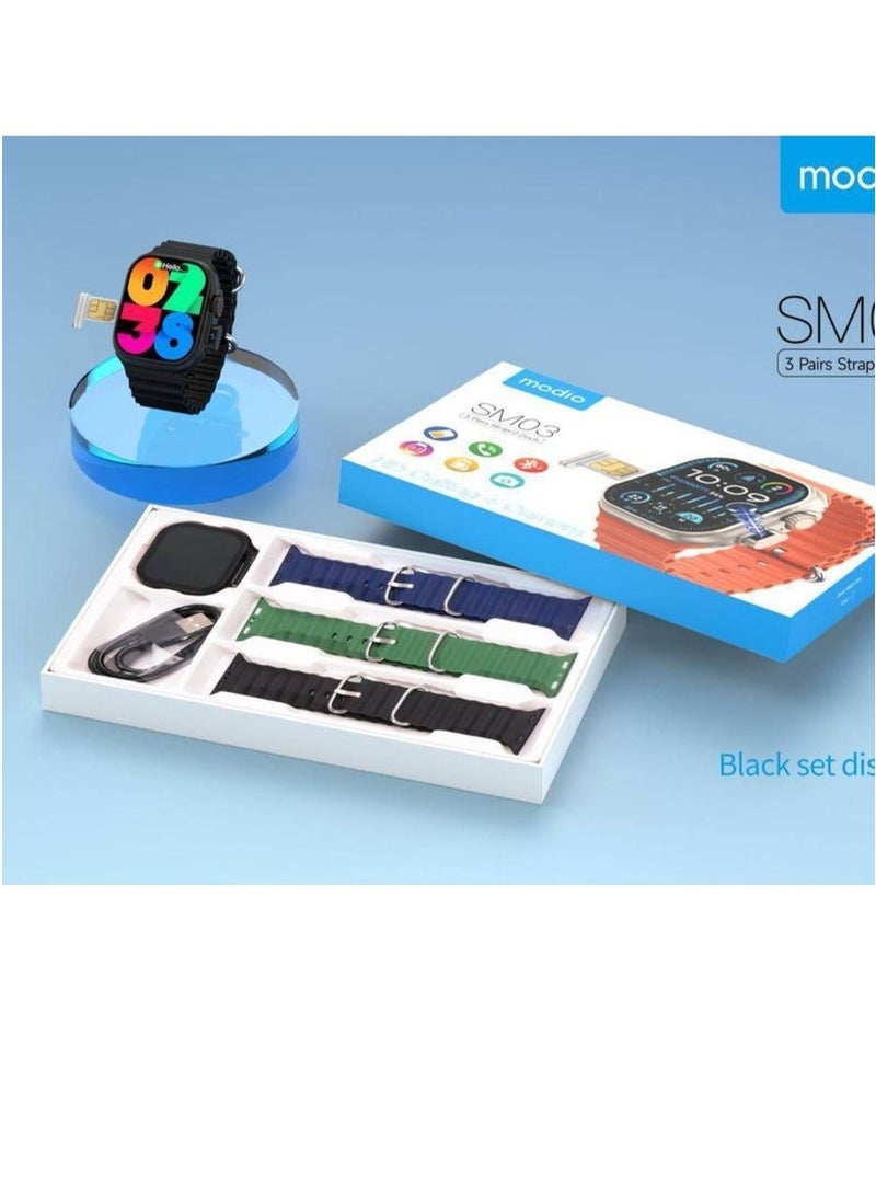 modio SM03 Smartwatch with SIM Card Slot, HD Camera & 3 Interchangeable Straps – Bluetooth Calling, Fitness & Health Tracking, Touchscreen Display, Music Playback, Expandable Storage, Pedometer, Alarm, Stylish Design for Men & Women, Compatible with Android & iOS - Image 3