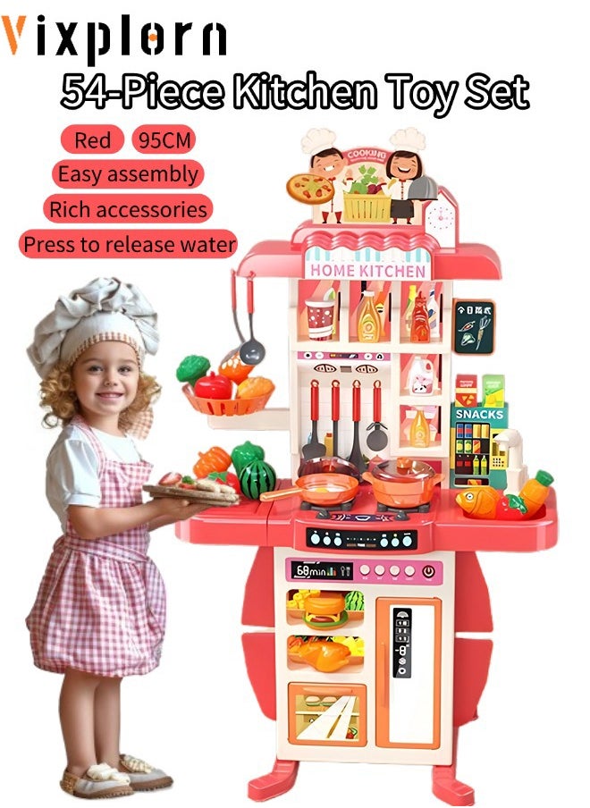 Vixplorn Kitchen Playsets 54 Pieces Kitchen Toy Set, Toy Kitchen Role Play Toy Set Role Play Cookware Kitchen Toy Set Kitchen Accessories Toy Cooking Stove Simulation Press to Release Water, Suitable for Boys and Girls (Red)  - Image 1