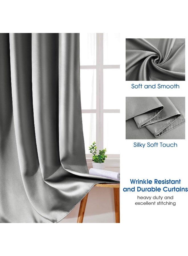 HOMEIDEAS HOMEIDEAS 2 Panels Silver Grey Faux Silk Curtains Gray Blackout Curtains for Bedroom 52 X 84 Inch Room Darkening Satin Drapes/Curtains, Thermal Insulated Blackout Window Curtains for Living Room - Image 2