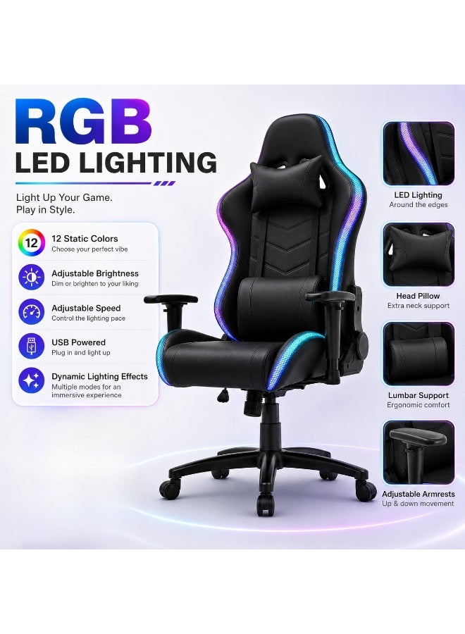 كرسي ألعاب بإضاءة RGB LED وكسوة جلد PU، مساند ذراع قابلة للتعديل، وسادتا رأس وظهر، إمالة حتى 135° ودوران 360° - Image 2