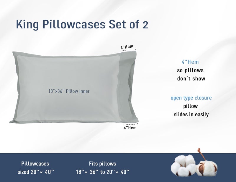 HOMTEC Cotton Pillow Cases King Size Set of 2  20 by 40 inches King Pillow Cases  Gray King Pillow Cases  King Pillowcases Cotton Percale Weave Pre-Shrunk Breathable and Hypoallergenic  Storm Gray - Image 3