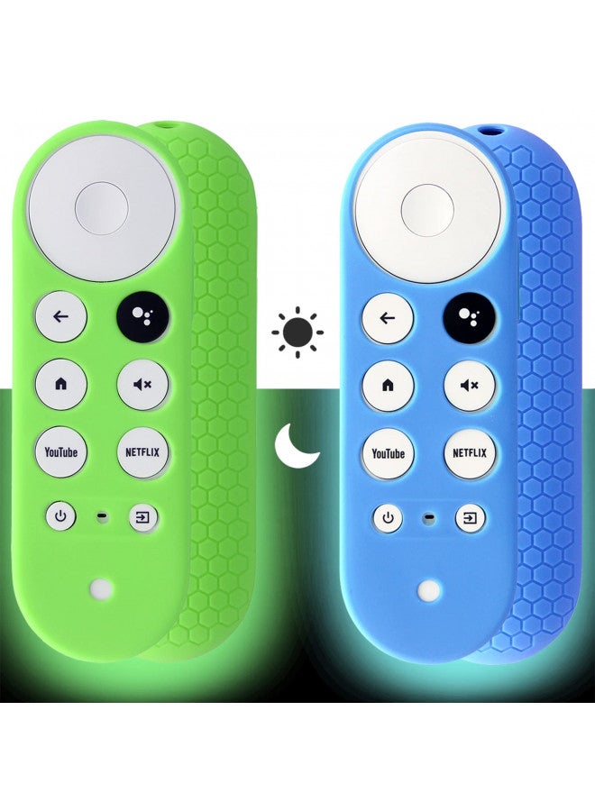 2pcs Remote Cover (Glow in The Dark) Compatible with 2020 Chromecast with Google TV Voice Remote, Pinowu Anti Slip Silicone Case Cover (Green and Blue)