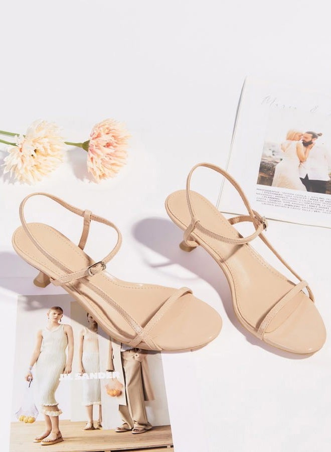 Coutgo Womens Strappy Heeled Sandals Kitten Low Heel Open Toe Ankle Strap Party Wedding Dress Shoes, Nude Pink, 8.5 - Image 4