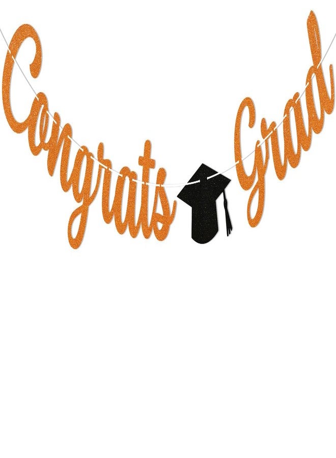 Ramciyo Pre-Strung Congrats Grad Banner - Orange Glitter Graduation Party Banner with Cap, Congratulations Graduate Decor, High School College Graduation Party Decorations (Orange) - Image 1