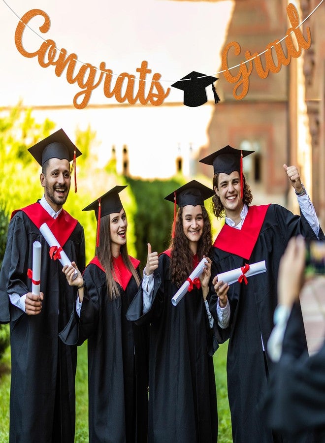 Ramciyo Pre-Strung Congrats Grad Banner - Orange Glitter Graduation Party Banner with Cap, Congratulations Graduate Decor, High School College Graduation Party Decorations (Orange) - Image 4