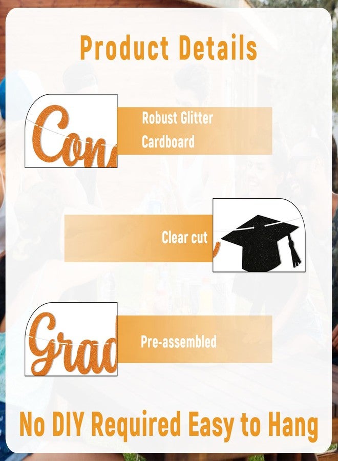 Ramciyo Pre-Strung Congrats Grad Banner - Orange Glitter Graduation Party Banner with Cap, Congratulations Graduate Decor, High School College Graduation Party Decorations (Orange) - Image 2