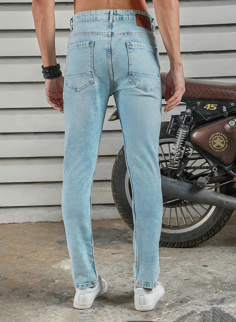 HIGH STAR Men's Indigo 100% Cotton Bleached Full Length Tapered Fit Jeans