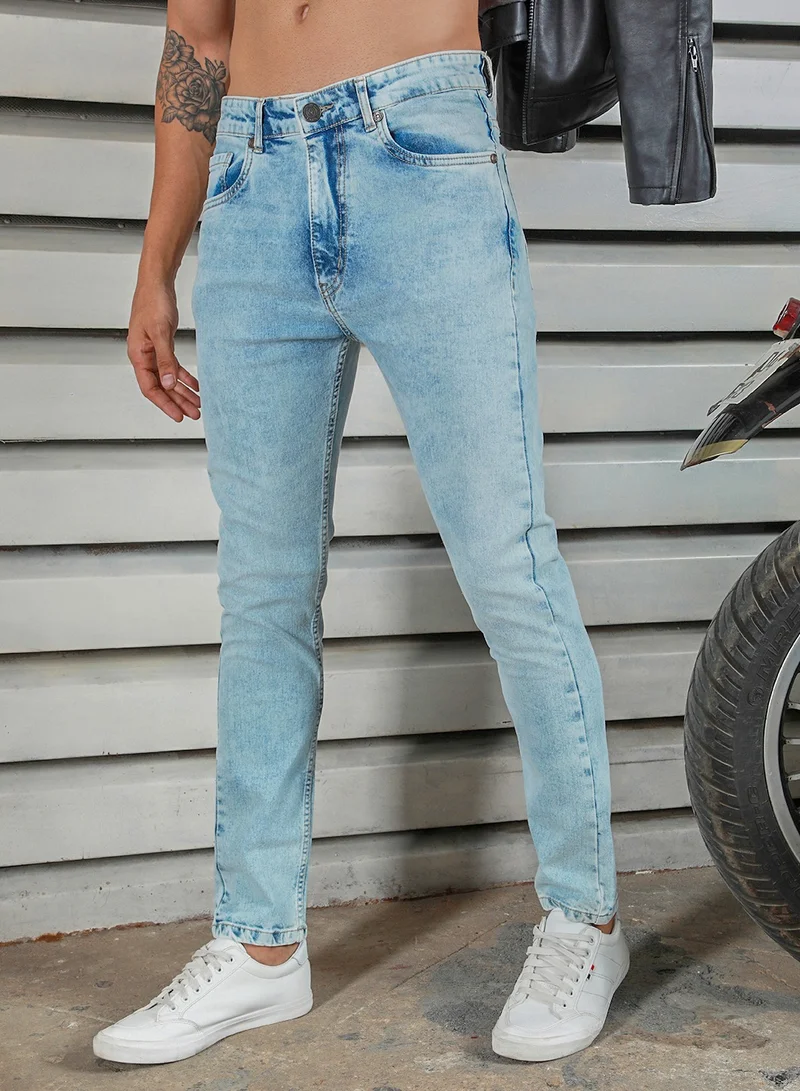 HIGH STAR Men's Indigo 100% Cotton Bleached Full Length Tapered Fit Jeans