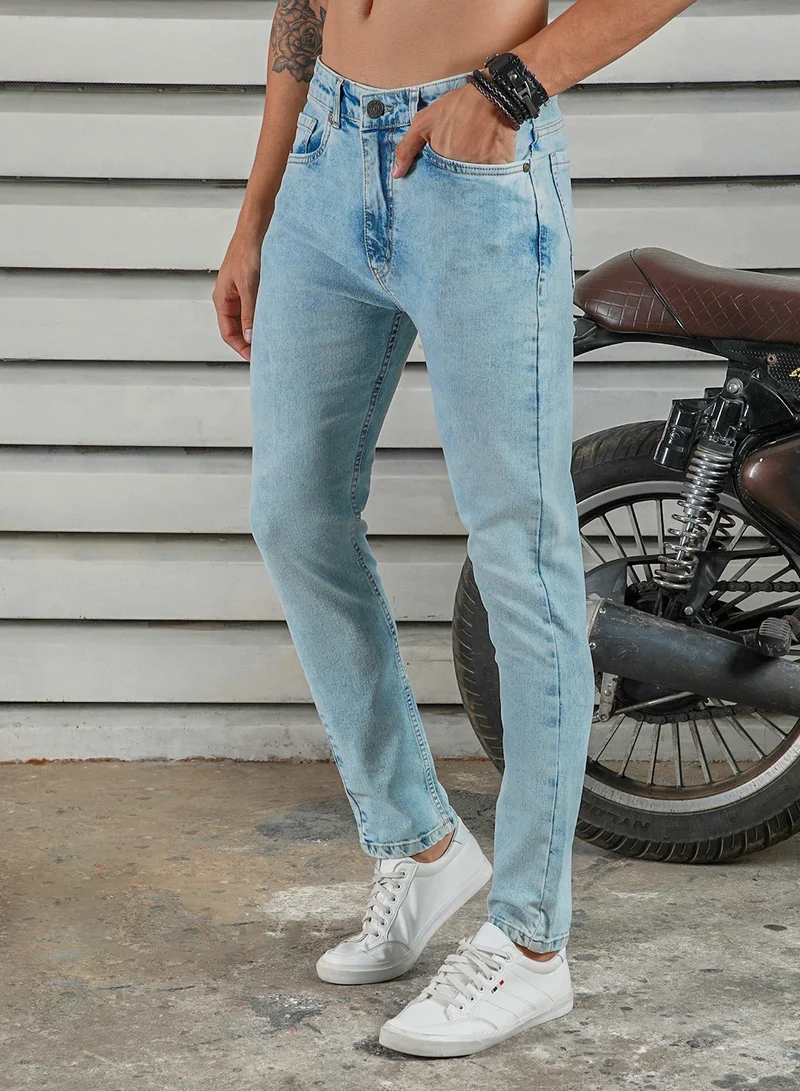 HIGH STAR Men's Indigo 100% Cotton Bleached Full Length Tapered Fit Jeans