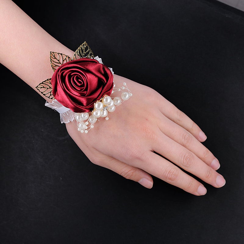Rose Flower Roll Gold Leaf Wrist Flower Wedding Sister Group Corsage Dance Rhinestone Pearl Wrist Flower Sw0674 - Image 2