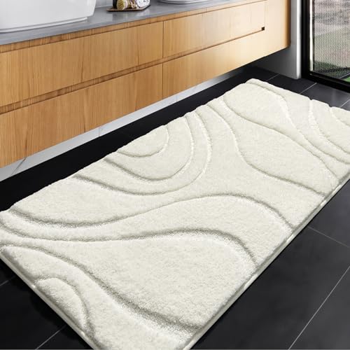DEXDE Bathroom Rugs Mat Soft Plush Shaggy Microfiber Bath Rug Non Slip Bath Mats for Bathroom Runner Floor Machine Washable Absorbent Carpet for Shower Tub White 24x47
