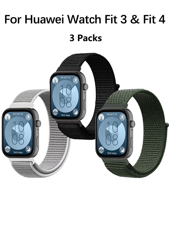 3 Packs Suitable for Huawei Watch Fit 3/Fit 4 Velcro Nylon Loop Strap, Nylon Watchband Replacement Bracelet for Huawei Watch Fit 3 & Huawei Watch Fit 4  (Black, Green, Sea Shell Color ﻿） - Image 1