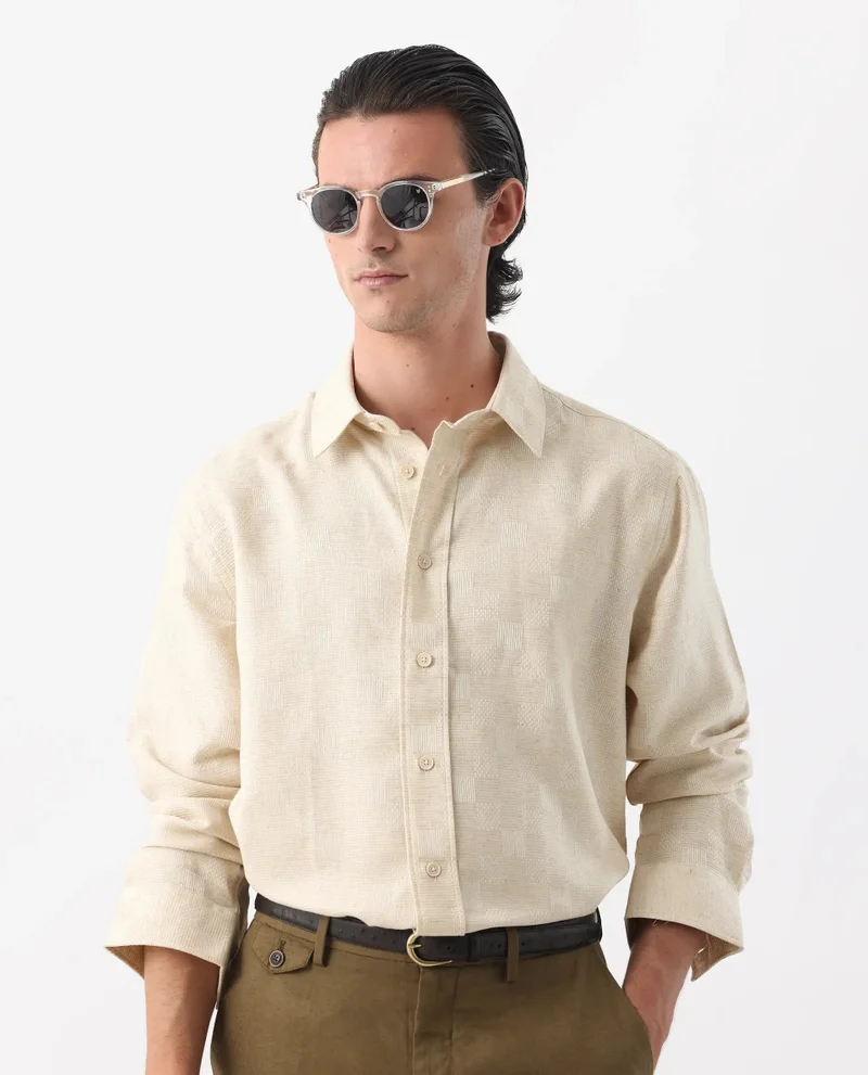 Rare Rabbit Rare Rabbit Men's Dob Beige Linen Blend Fabric Full Sleeve Regular Collared Button Closure Regular Fit Check Print Shirt