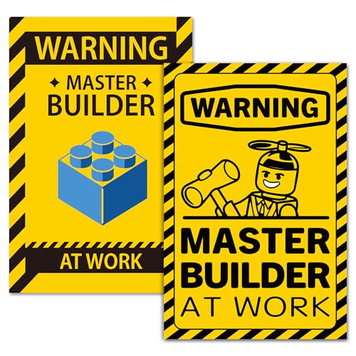 EliteSign 2 Pcs Wall Art Poster Caution Master Builder at Work, Vinyl Building Block Caution for Boys Room Décor, Fun Design Poster for Kids, Playful Room Decorations Stickers Included - Image 1