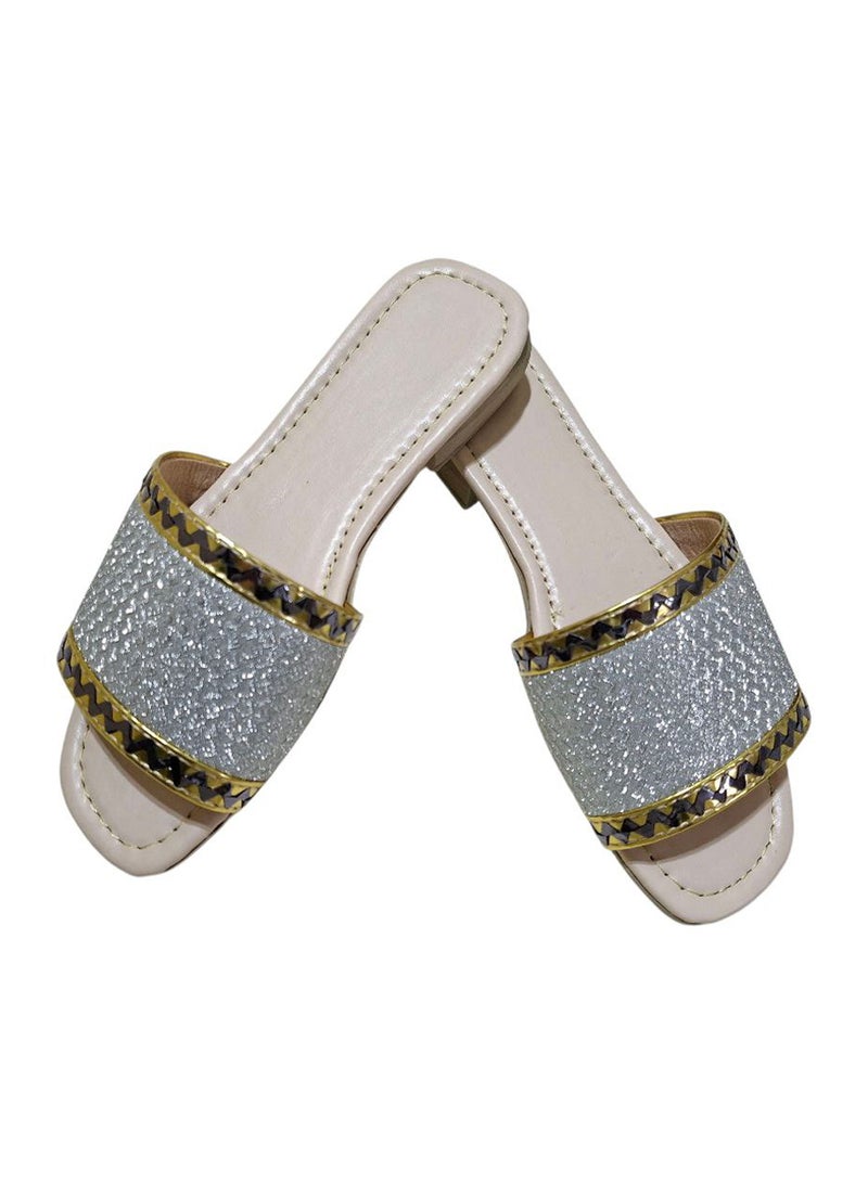 Karisma Flat Squared Toe Slippers With Simple Canvas With Embroidered Upper Strap - Image 1