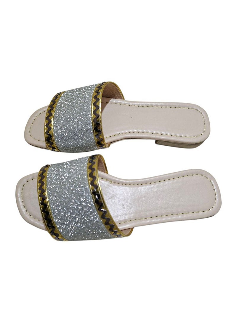 Karisma Flat Squared Toe Slippers With Simple Canvas With Embroidered Upper Strap - Image 2