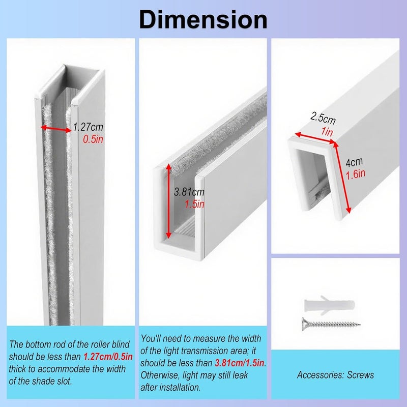 U Shape Durable Window Shading Strips, Curtain Gap Blackout Strips White, Aluminum Alloy Light Blocker for Blinds, Privacy Preserving Light Blockers(White-4 Packs,46 in (116.8 cm)) - Image 2