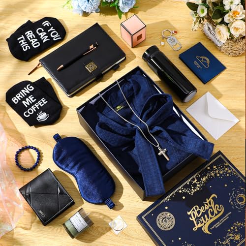 Afarnook 13 Pcs Birthdays Gifts Baskets for Men Get Well Gifts Set for Men Father's Day Gift Box Tumbler Wallet Robe Scented Candle Notebook Sock Bracelet for Father Dad Boyfriend Husband(Navy Blue) - Image 5