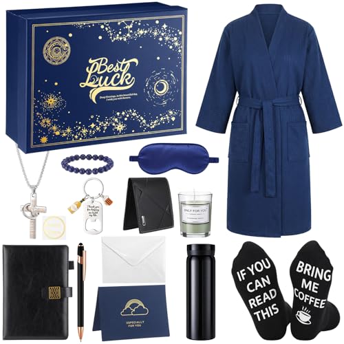 Afarnook 13 Pcs Birthdays Gifts Baskets for Men Get Well Gifts Set for Men Father's Day Gift Box Tumbler Wallet Robe Scented Candle Notebook Sock Bracelet for Father Dad Boyfriend Husband(Navy Blue) - Image 1
