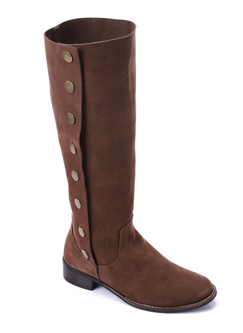 Mr.joe Burnette Brown Side Snap Buttons Knee High Boots For Women  - Image 1