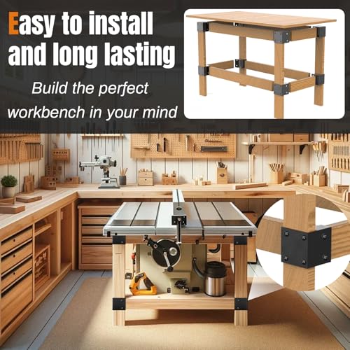 Fuceter Heavy Duty Workbench Bracket Kit, 8 PCS Workbench Corner Brackets, 3-Way Right Angle Corner for DIY Work Table for 2x4 (Actual 1.5"x3.5") Wood - Black - Image 2