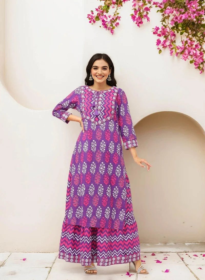 ISHIN Women's Lilac 100% Cotton Embellished Tunic Full Length Palazzo Straight Fit Kurta Set