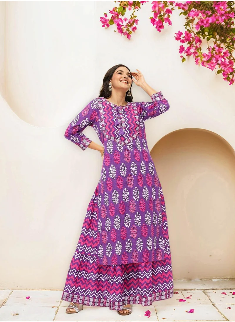 آي شين Women's Lilac 100% Cotton Embellished Tunic Full Length Palazzo Straight Fit Kurta Set