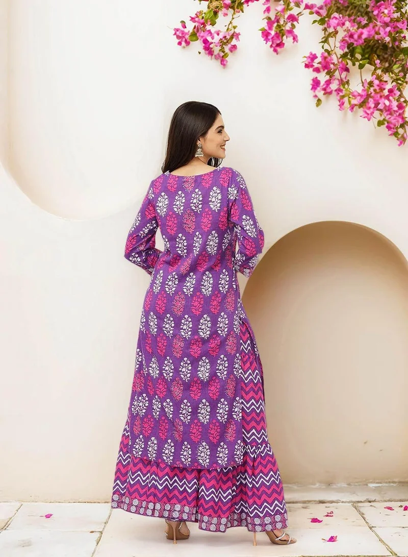 ISHIN Women's Lilac 100% Cotton Embellished Tunic Full Length Palazzo Straight Fit Kurta Set