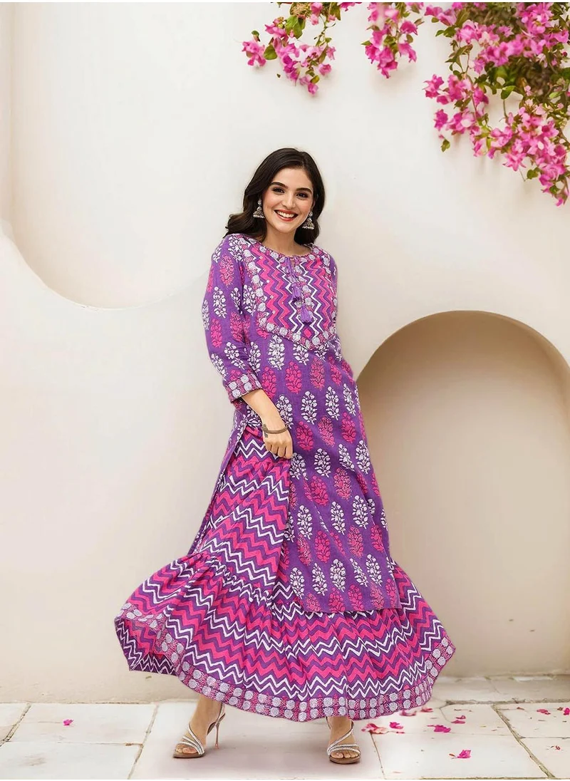 آي شين Women's Lilac 100% Cotton Embellished Tunic Full Length Palazzo Straight Fit Kurta Set