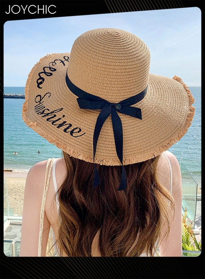 Joychic قبعة شمسية نسائية واسعة الحواف مزينة بالتطريز لحماية من الشمس، قبعة شاطئية بسيطة مع شريط قوس وحرفي - Image 2