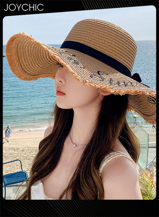 Joychic قبعة شمسية نسائية واسعة الحواف مزينة بالتطريز لحماية من الشمس، قبعة شاطئية بسيطة مع شريط قوس وحرفي - Image 3