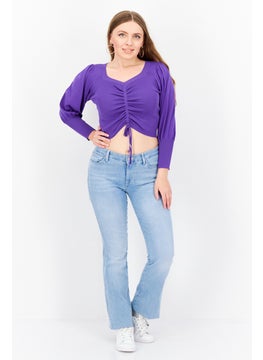 ONLY Women V-Neck Long Sleeves Textured Top, Purple  - Image 3