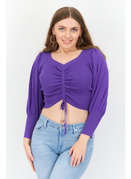 ONLY Women V-Neck Long Sleeves Textured Top, Purple  - Image 1