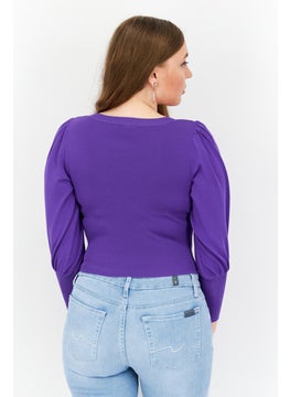ONLY Women V-Neck Long Sleeves Textured Top, Purple  - Image 4