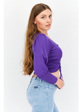 ONLY Women V-Neck Long Sleeves Textured Top, Purple  - Image 2
